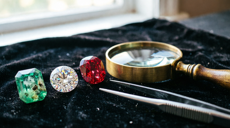 Gemologist's bench with loupe, tweezers and graded stones arranged on black velvet