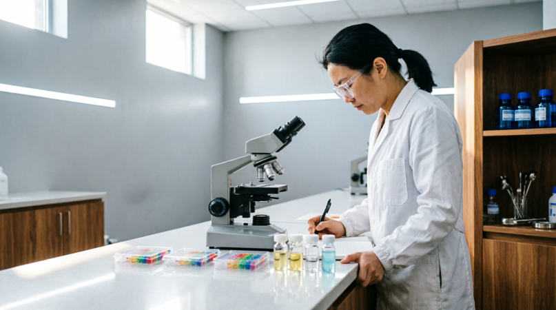 Laboratory analyst recording microscope readings beside labelled specimen trays