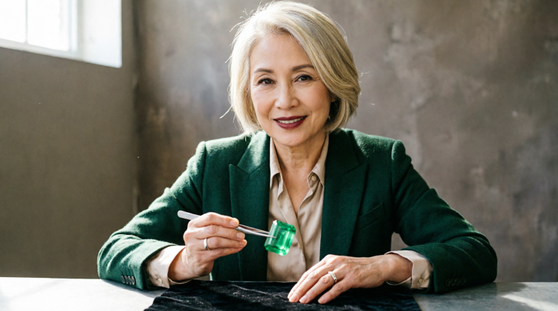 Portrait of Mrs. Haldorson, founder and CEO, holding an emerald specimen at her gemology bench