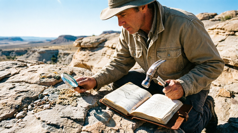 Geologist mapping a mineralized outcrop with hand lens and hammer