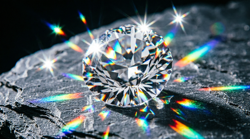 Round brilliant diamond throwing spectral fire on dark slate