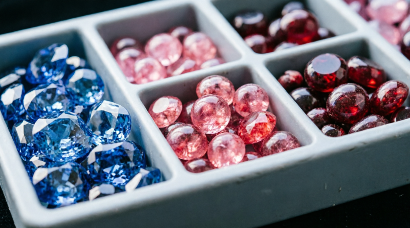 Sorting tray of sapphires, spinels and garnets under the bench lamp