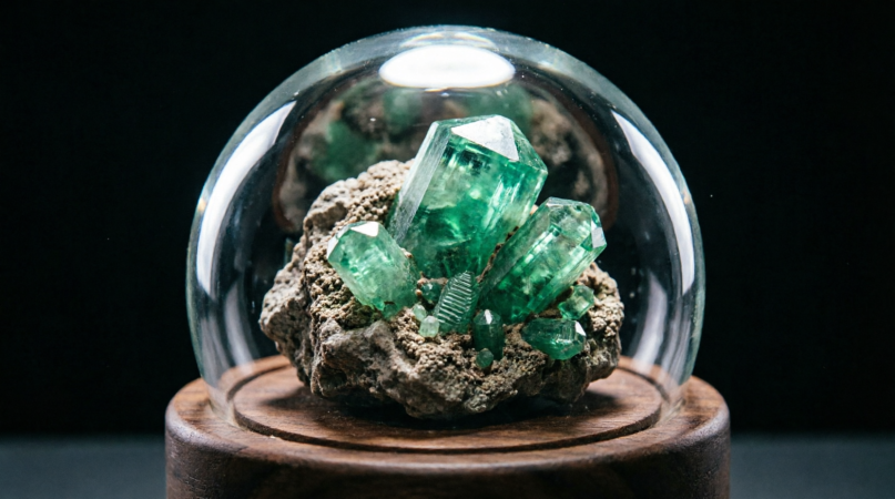 Collector mineral specimen of emerald in host rock displayed under a glass dome