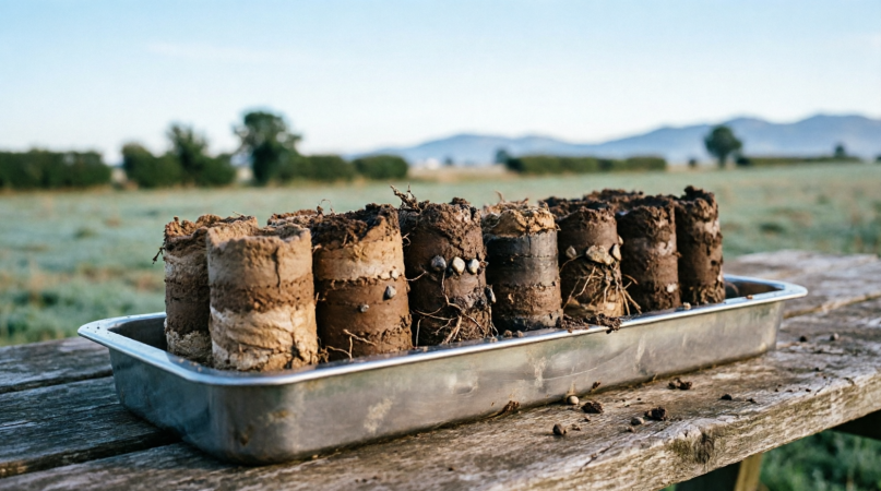 Soil auger cores laid in a sampling tray with depth markers for laboratory testing